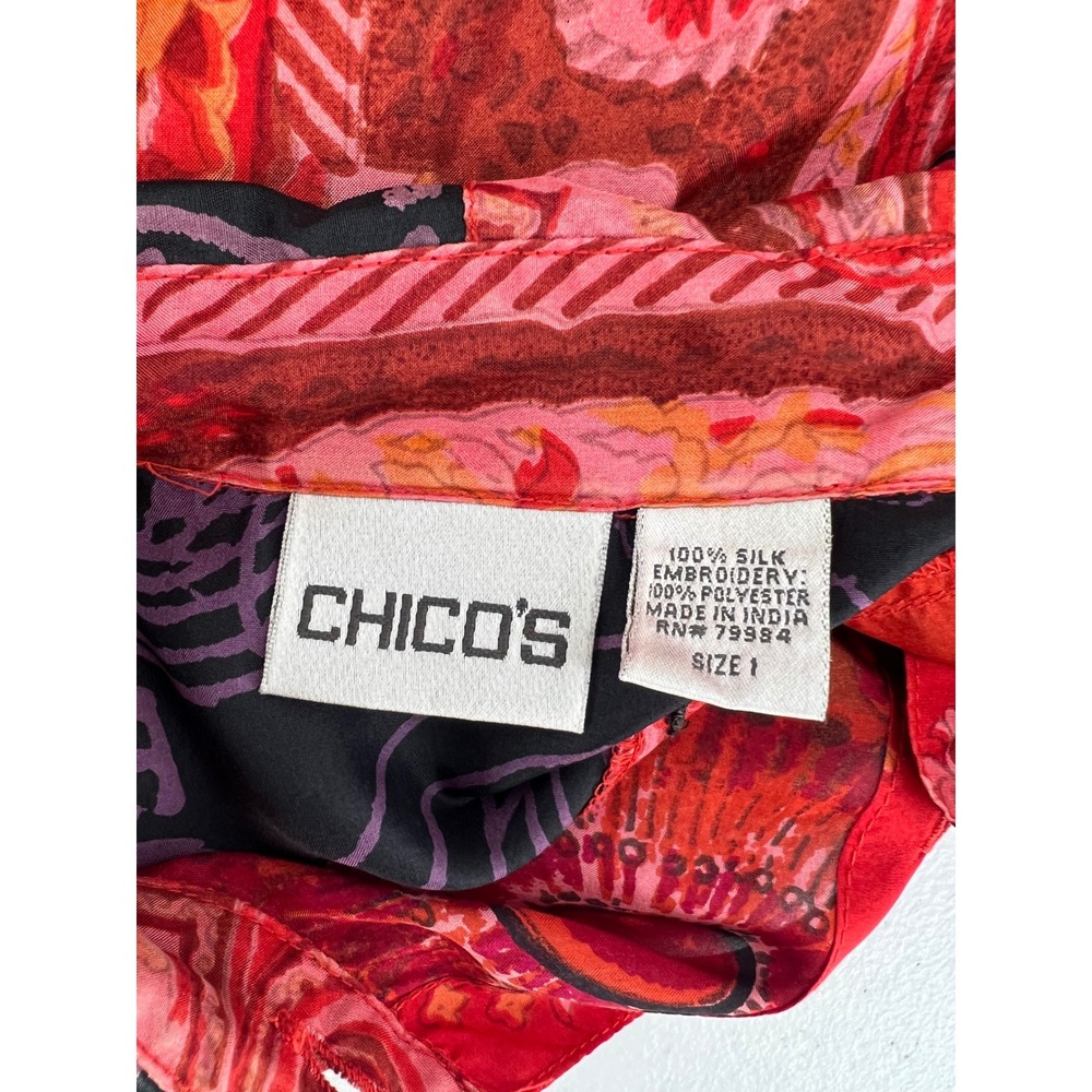 Chicos Womens Size 1 US M Silk Patchwork Paisley Button Down Shirt Red Black - Picture 3 of 11
